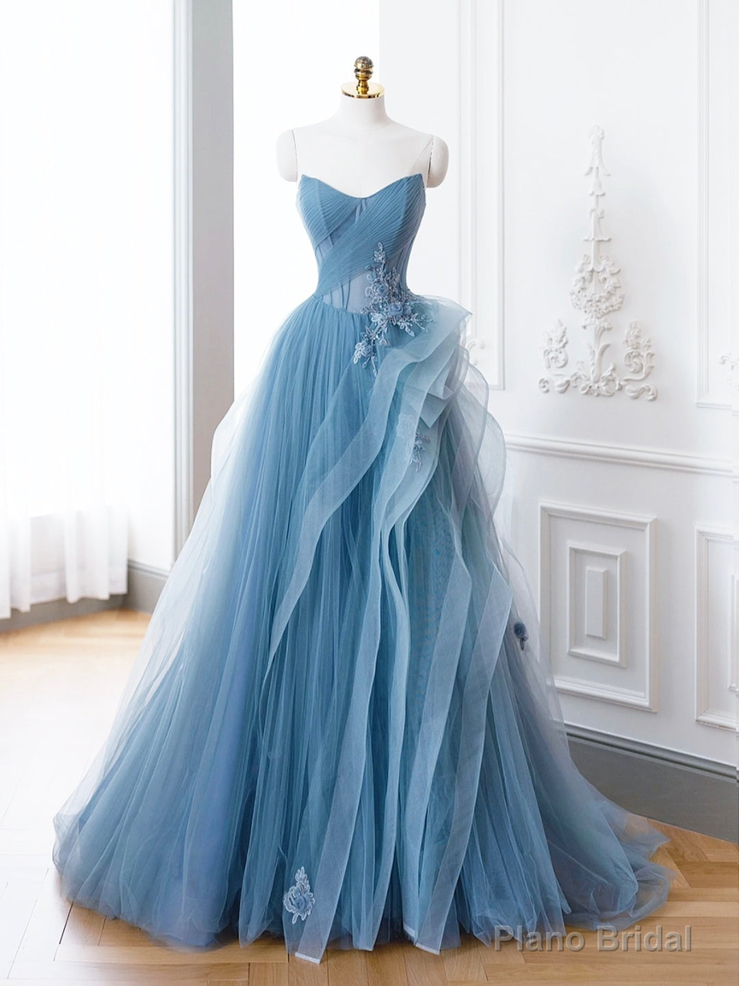 Blue Tulle Lace Long Formal Dress, A-Line Blue Evening Prom Dress Main image