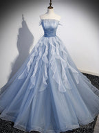 Blue Strapless Tulle Long Prom Dress, Chic A-Line Formal Dress with Long Sleeves