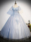 Blue Tulle Lace Long Prom Dress, Shiny A-Line Short Sleeve Evening Dress