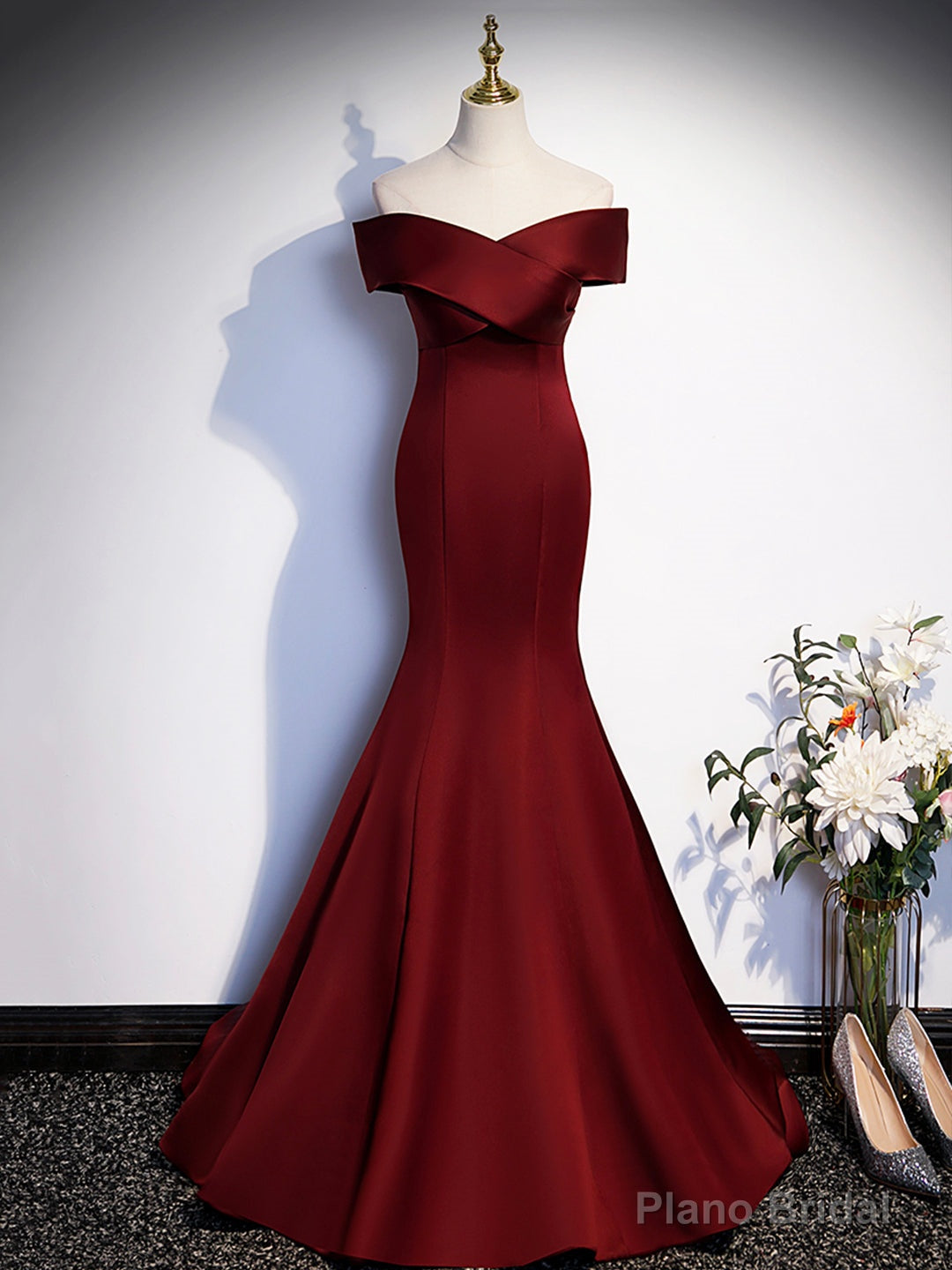 Burgundy V-Neck Satin Long Prom Dress, Mermaid Off Shoulder Evening Dress with Bow Secondary image