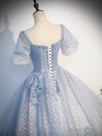 Blue Tulle Lace Long Prom Dress, Shiny A-Line Short Sleeve Evening Dress