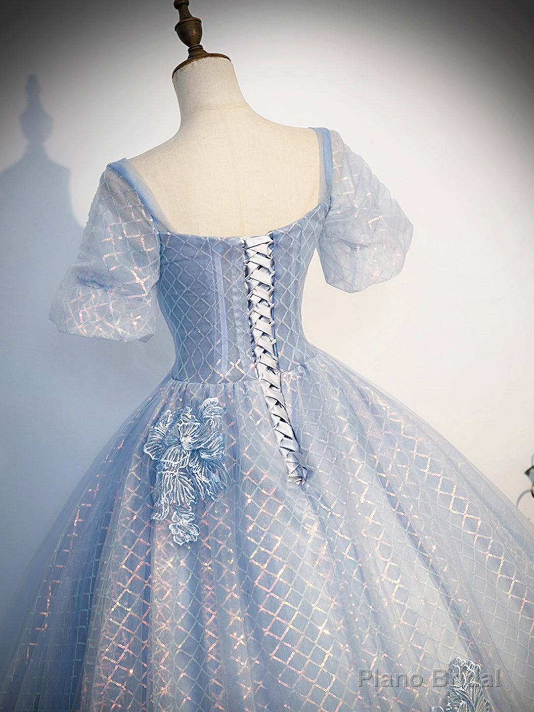 Blue Tulle Lace Long Prom Dress, Shiny A-Line Short Sleeve Evening Dress