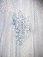 Blue Tulle Lace Long Prom Dress, Shiny A-Line Short Sleeve Evening Dress