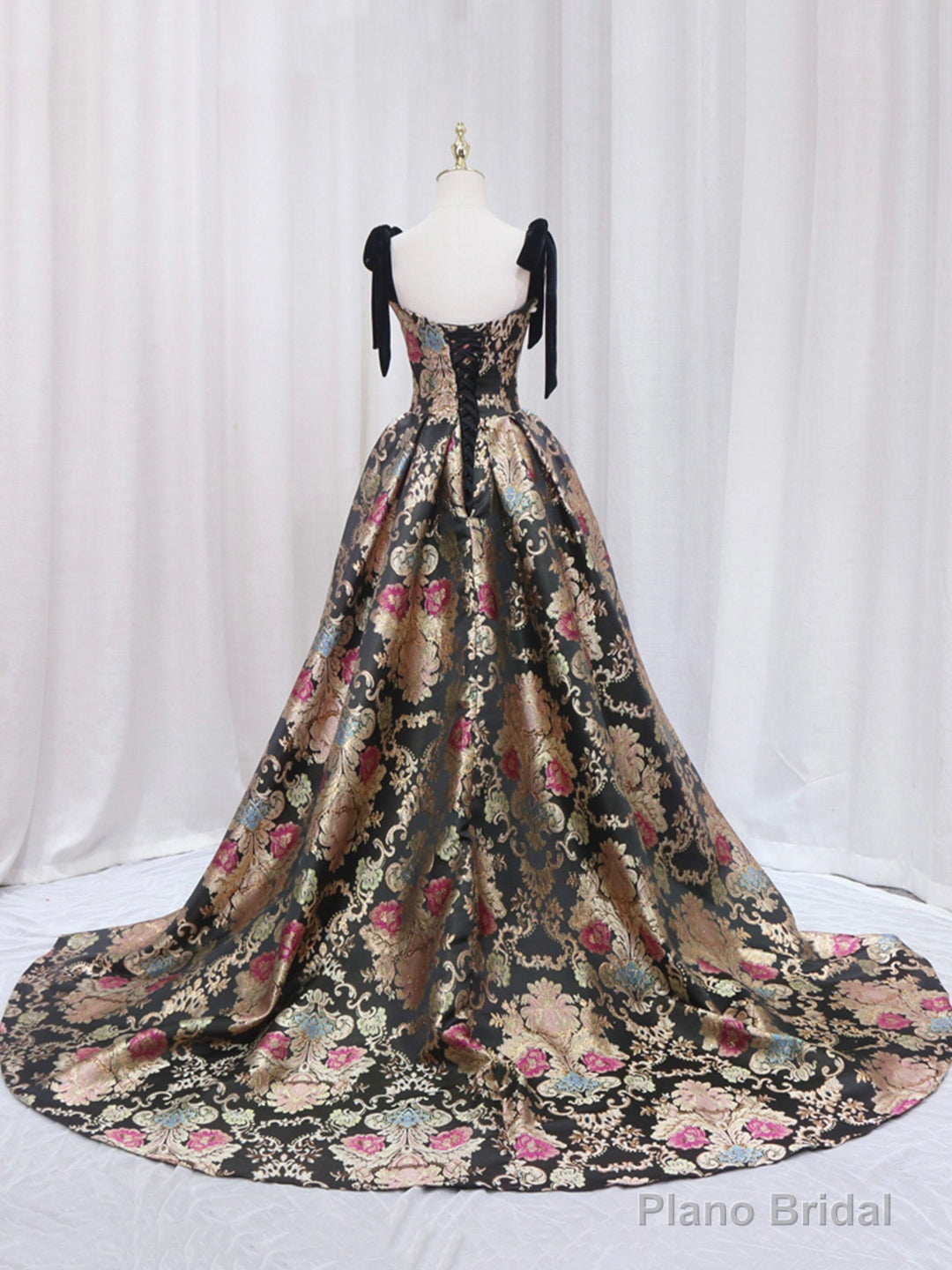Black Floral Floor Length Prom Dress, A-Line Black Evening Dress