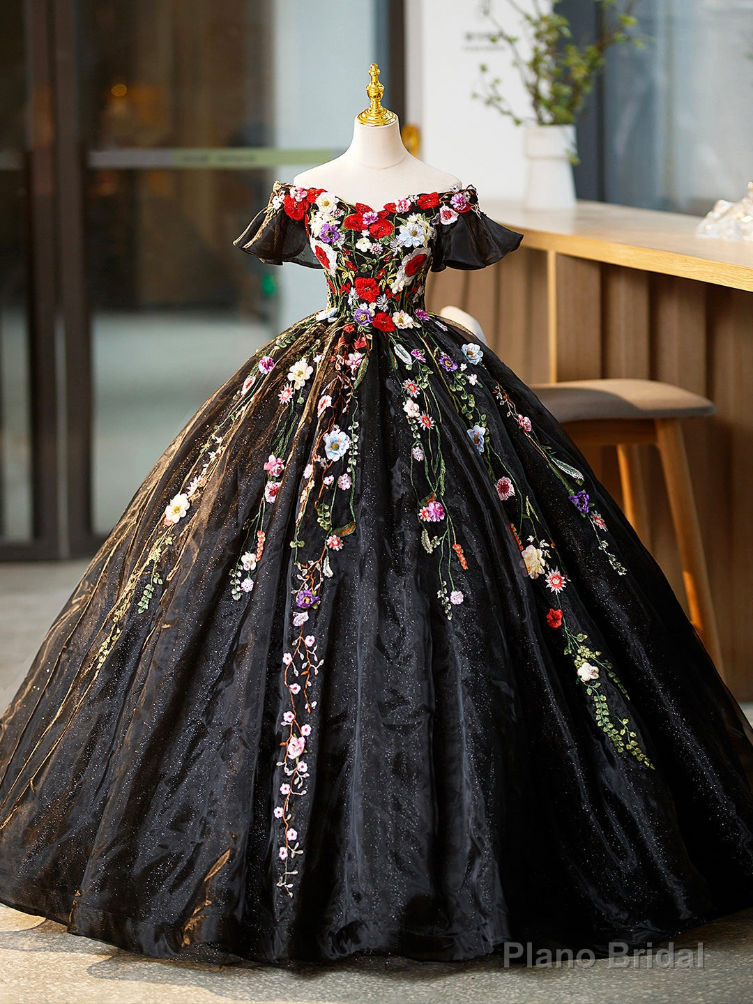 Black Tulle Long Prom Dress with Lace Flowers, Beautiful Off Shoulder Evening Gown Secondary image
