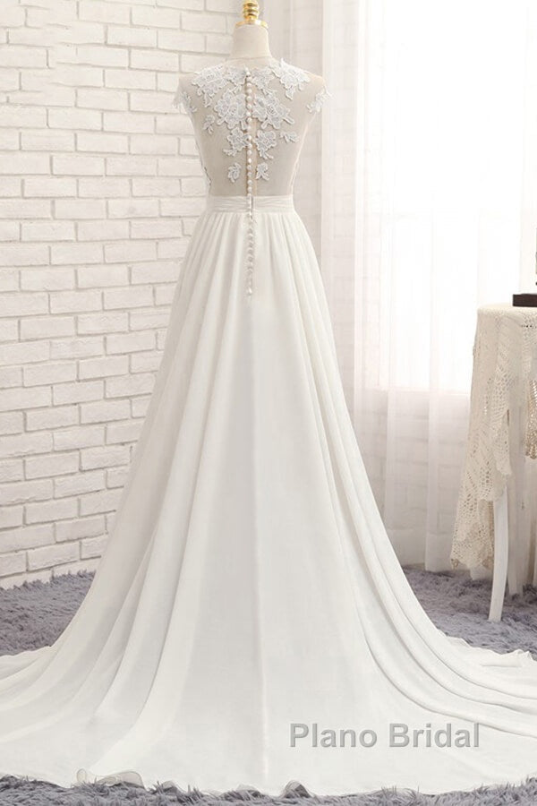 Long A-line Appliques Lace Chiffon Wedding Dress with Slit