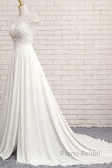 Long A-line Appliques Lace Chiffon Wedding Dress with Slit