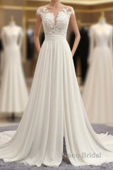 Long A-line Appliques Lace Chiffon Wedding Dress with Slit