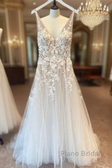 Long A-Line Appliques Lace Spaghetti Straps Sweetheart Tulle Wedding Dresses