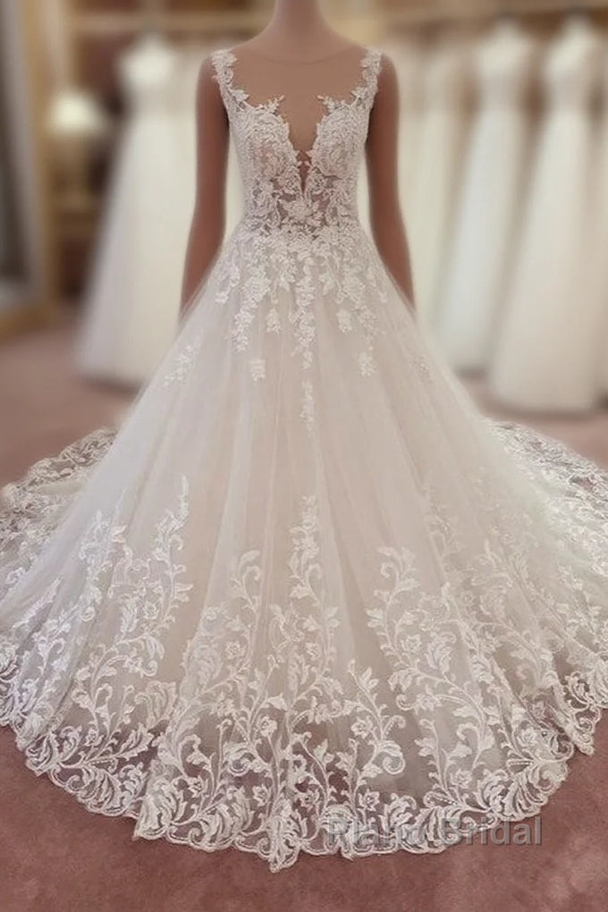 Long A-Line Appliques Lace Sweetheart Tulle Wedding Dress Main image