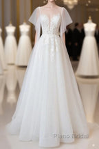 Long A-line Appliques Lace Tulle Wedding Dress with Sleeves