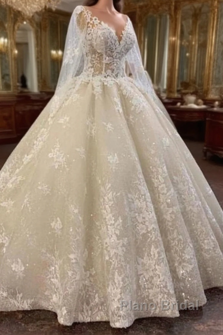 Long A-line Bateau Appliques Lace Sequins Tulle Wedding Dress Main image