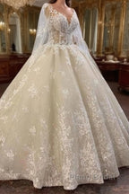 Long A-line Bateau Appliques Lace Sequins Tulle Wedding Dress