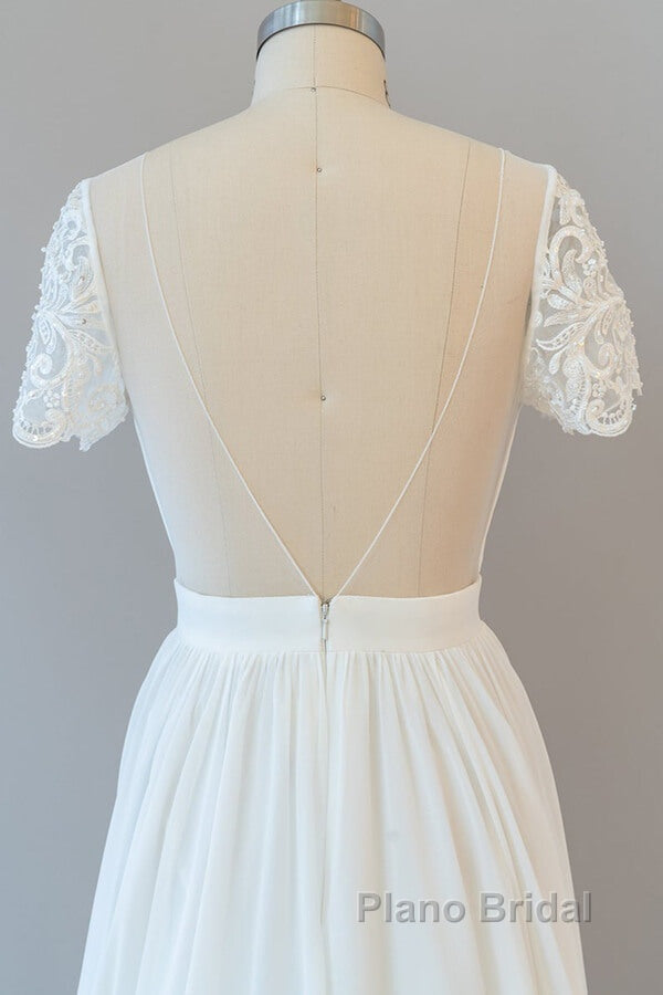 Long A-line Chiffon Backless Wedding Dress with Sleeves