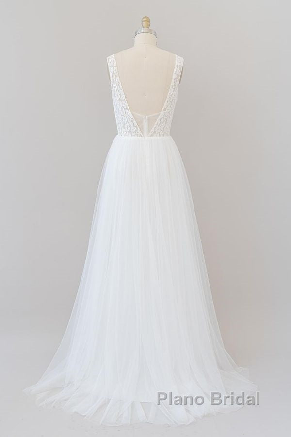 Long A-line Open Back V-neck Lace Tulle Wedding Dress
