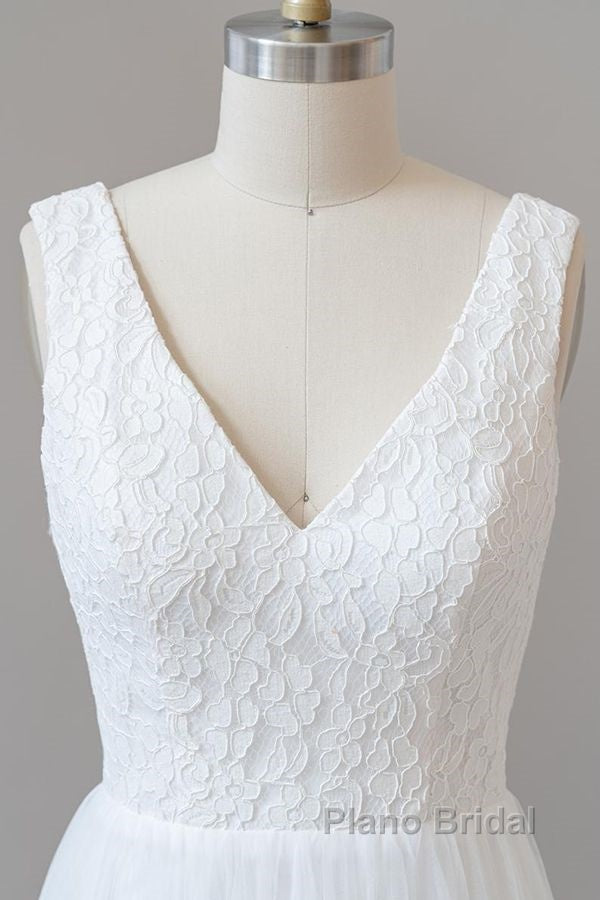 Long A-line Open Back V-neck Lace Tulle Wedding Dress