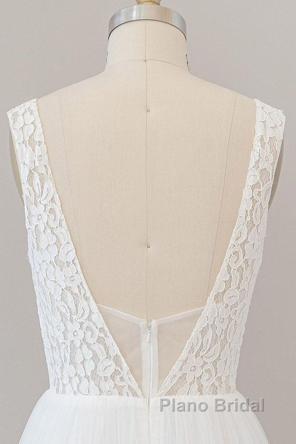 Long A-line Open Back V-neck Lace Tulle Wedding Dress