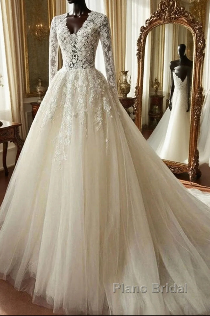 Long A-line Organza Lace Wedding Dresses with Sleeves Main image