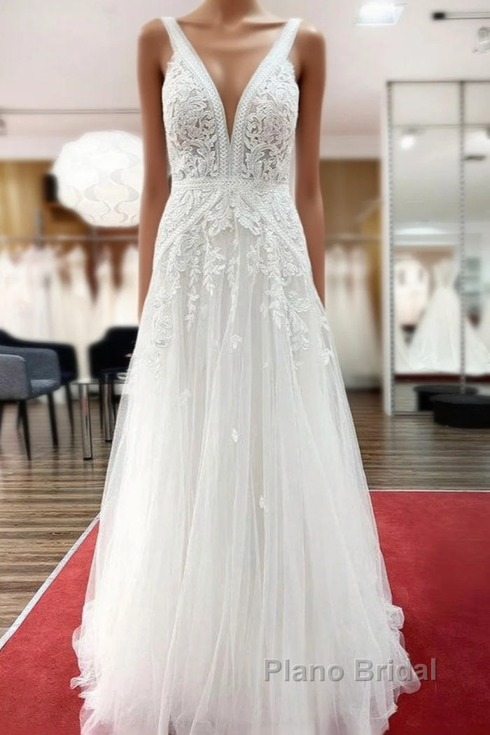Long A-line Sleeveless Tulle Lace Appliques Open Back Wedding Dresses Main image