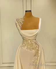 Long A-Line Square Neckline Satin Ivory Formal Prom Dresses With Slit