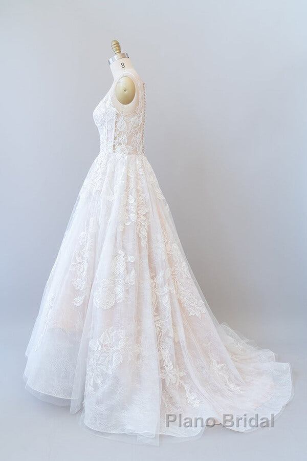 Long A-line Sweetheart Appliques Lace Tulle Wedding Dress