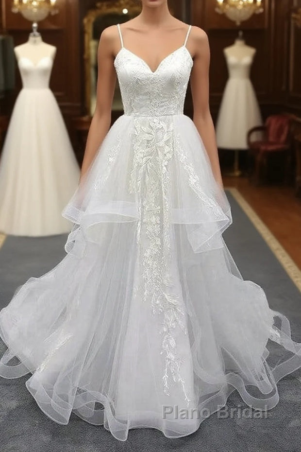 Long A-line Sweetheart Appliques Spaghetti Strap Tulle Wedding Dress Main image