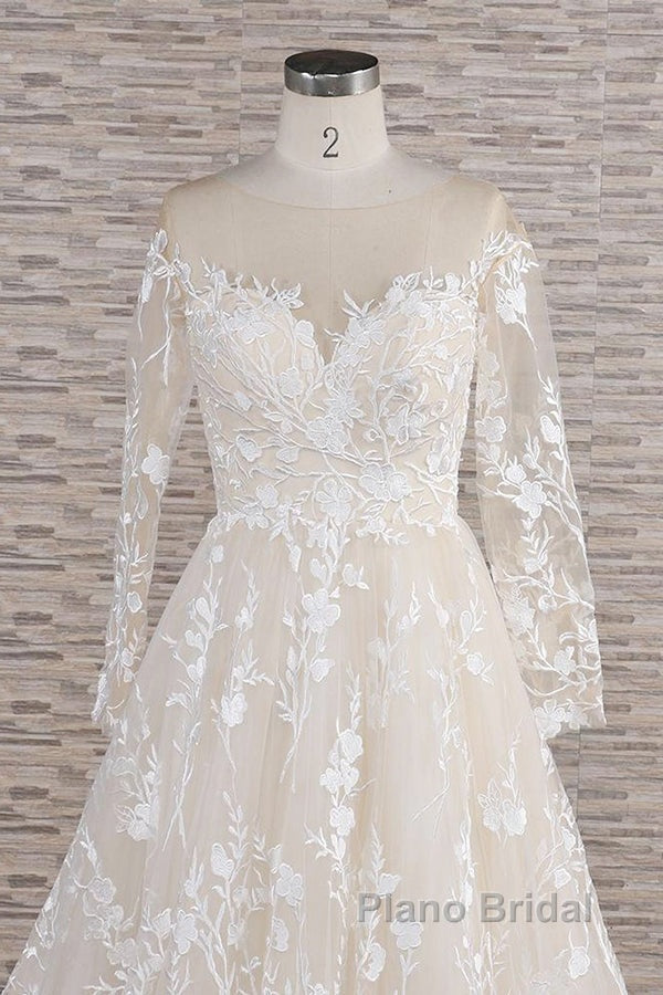 Long A-line Sweetheart Applqiues Tulle Wedding Dress with Sleeves