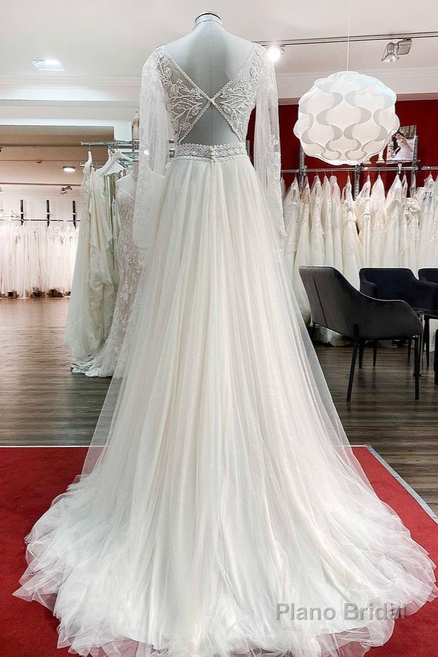 Long A-line Sweetheart Tulle Beadings Lace Appliques Wedding Dresses With Sleeves Secondary image