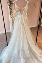 Long A-Line Tulle Appliques Lace Spaghetti Straps V-neck Backless Wedding Dress