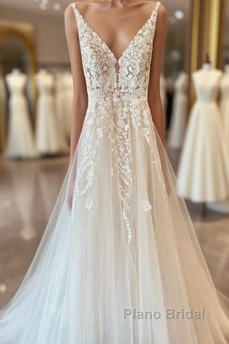 Long A-Line Tulle Appliques Lace Spaghetti Straps V-neck Backless Wedding Dress Main image