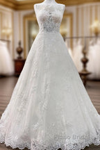 Long A-line Tulle Jewel Lace Appliques Wedding Dresses