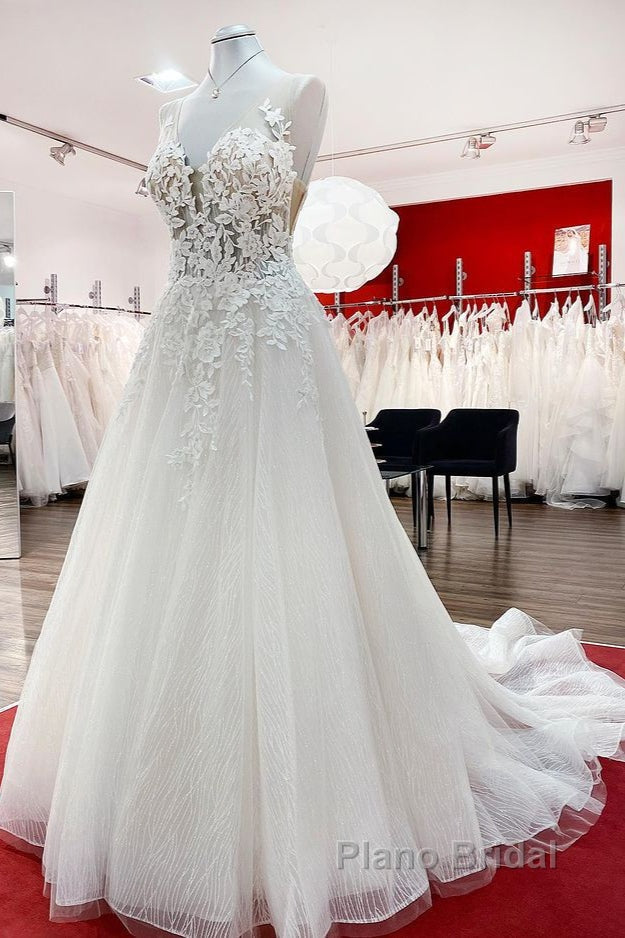 Long A-line Tulle Sleevless Ruffles Jewel Wedding Dress With Lace Appliques