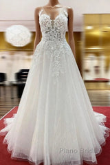 Long A-line Tulle Sleevless Ruffles Jewel Wedding Dress With Lace Appliques