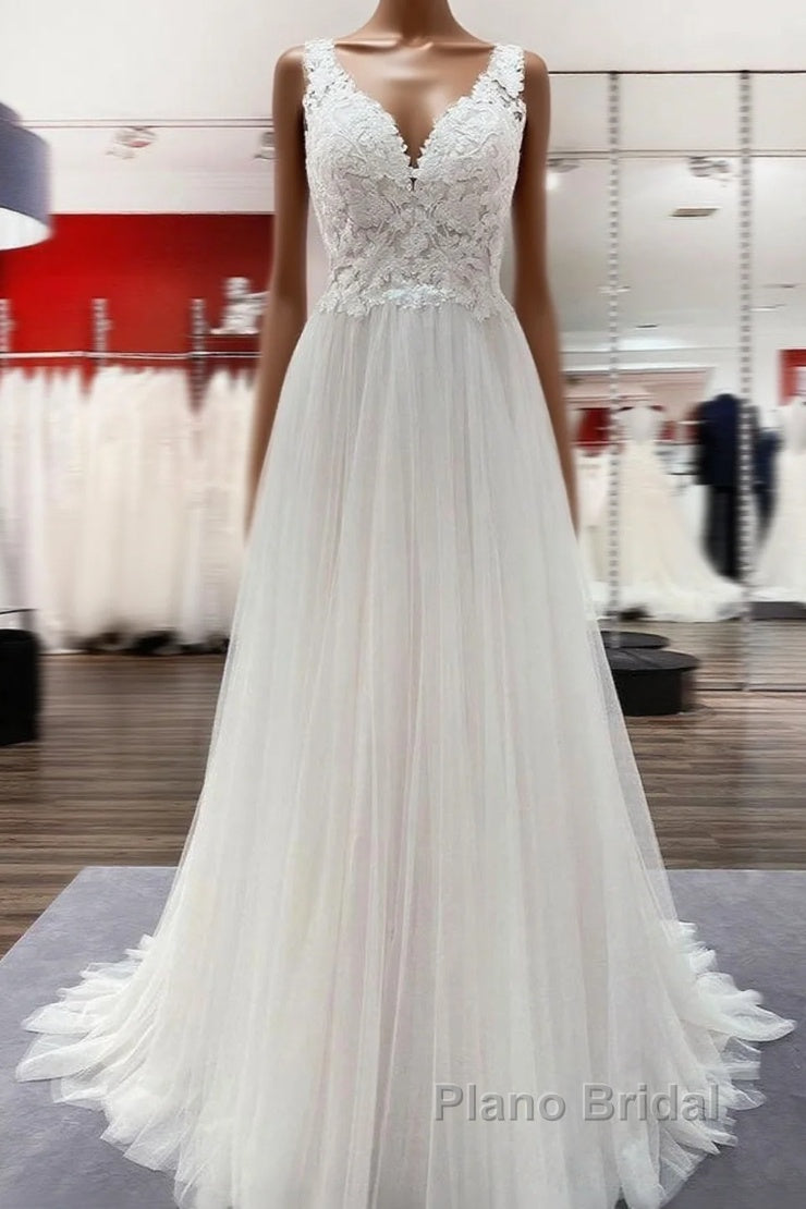 Long A-line Tulle V Neck Open Back Appliques Lace Wedding Dress Main image
