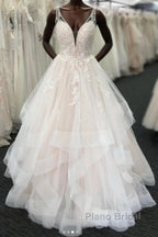 Long A-line Tulle V Neck Open Back Layered Wedding Dress