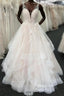 Long A-line Tulle V Neck Open Back Layered Wedding Dress