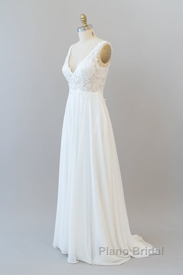 Long A-line V-neck Appliques Lace Chiffon Wedding Dress