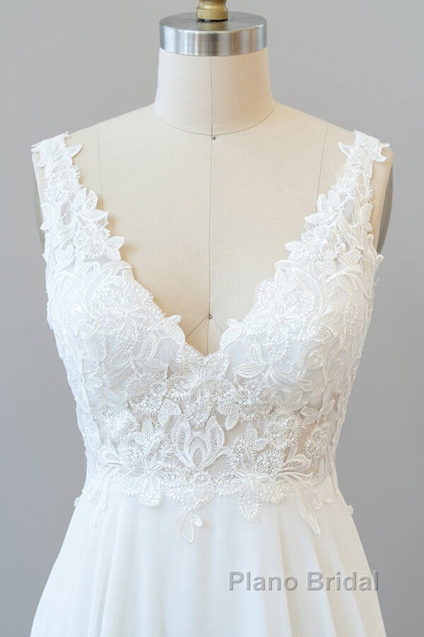 Long A-line V-neck Appliques Lace Chiffon Wedding Dress
