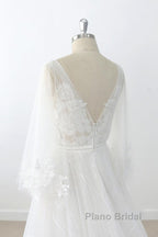 Long A-line V-neck Appliques Lace Tulle Backless Wedding Dress with Sleeves