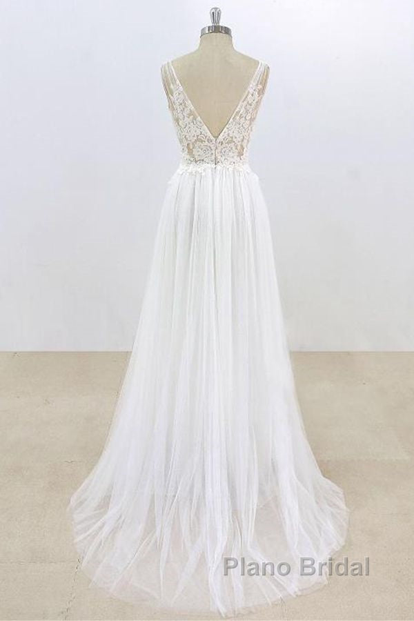 Long A-line V-neck Lace Tulle Open Back Wedding Dress Secondary image
