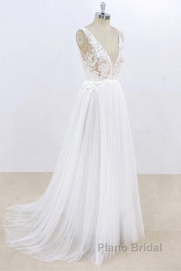 Long A-line V-neck Lace Tulle Open Back Wedding Dress