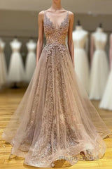 Long A-line V-neck Lace Tulle Formal Prom Formal Graduation Evening Dresses