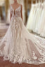 Long A-line V-neck Sleeveless Floral Lace Tulle Boho Wedding Dresses