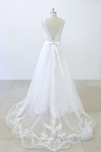 Long A-line V-neck Sweetheart Ruffle Applqiues Tulle Backless Wedding Dress