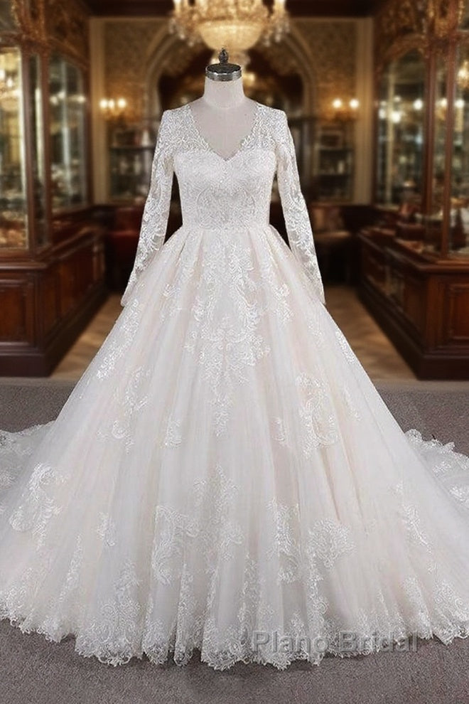 Long A-line V-neck Tulle Appliques Lace Wedding Dress with Sleeves Main image