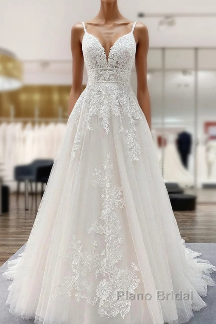 Long A-line V-neck Tulle Sleeveless Appliques Lace Backless Wedding Dress Main image