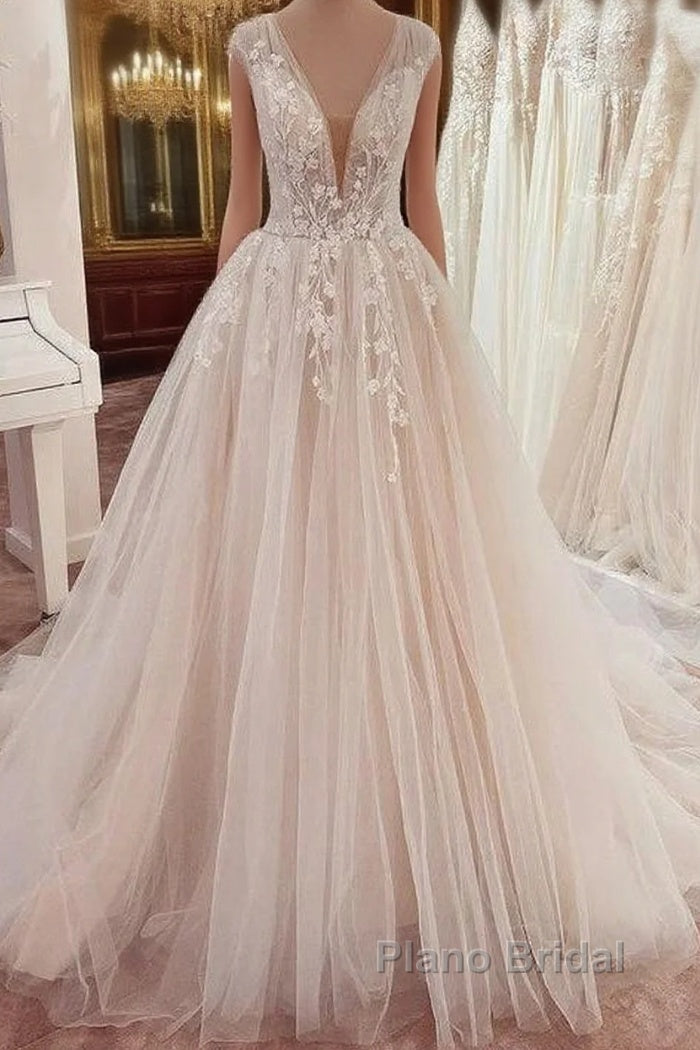 Long A-Line V-neck Wide Straps Appliques Lace Tulle Wedding Dress