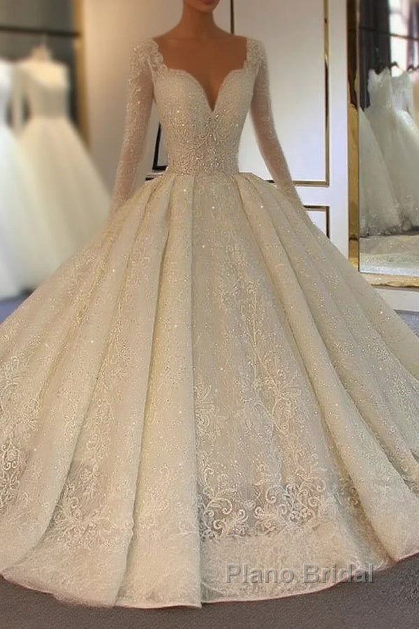 Long Ball Gown Lace-Up Sparkling V-Neck Wedding Dresses with Sleeves Main image