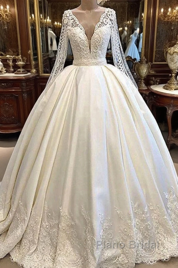 Long Ball Gown Satin V-neck Wedding Dress with Sleeves Main image