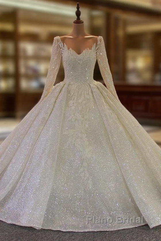 Long Ball Gown V Neck Sequins Wedding Dresses with Sleeves